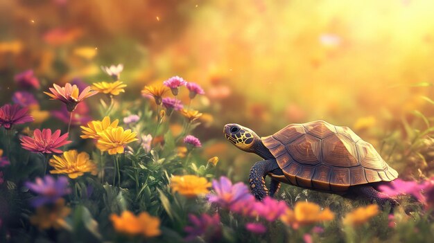 Photo turtle in a field of flowers