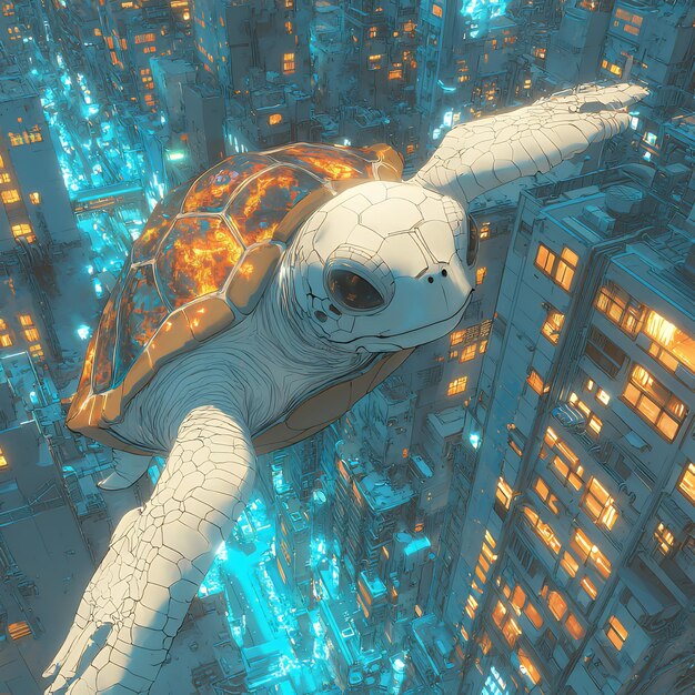 Photo turtle flying over cityscape