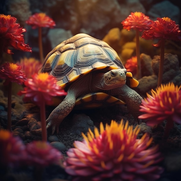 A turtle in a garden with flowers and plants