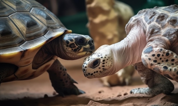 A turtle and a gloved hand are on the sand