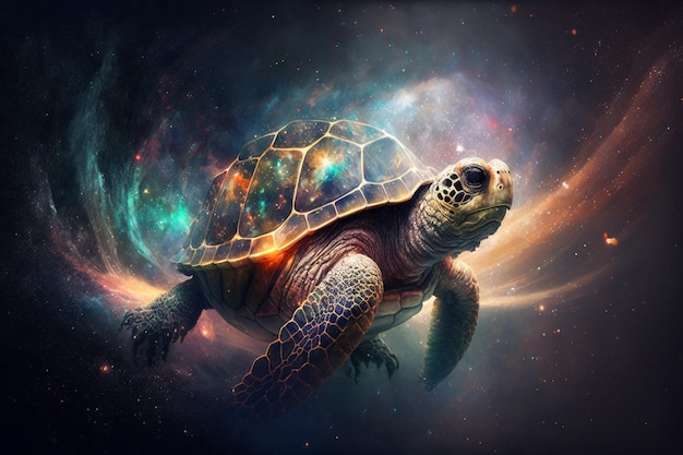 A turtle is floating in space with a galaxy background.