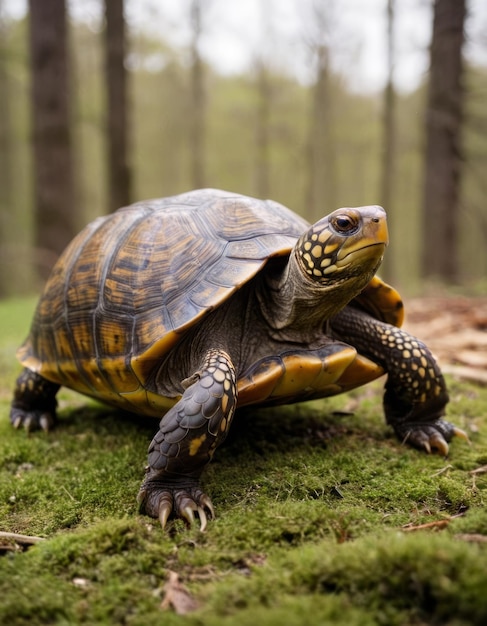 a turtle is on the ground in the woods