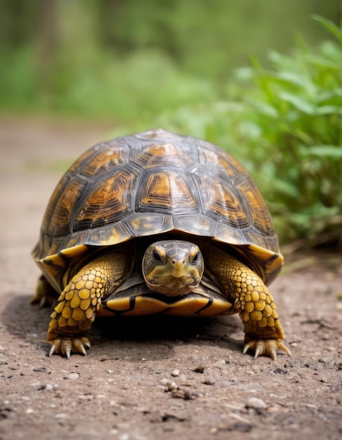 a turtle is on the ground in the woods