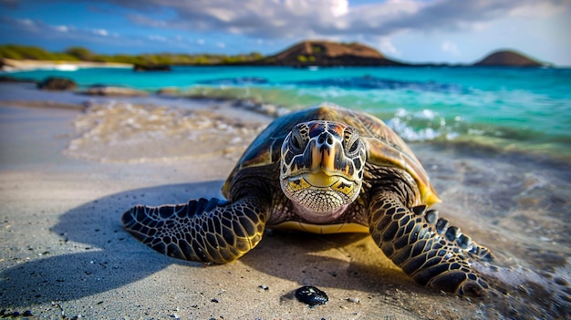 a turtle is laying on the beach and looking at the camera