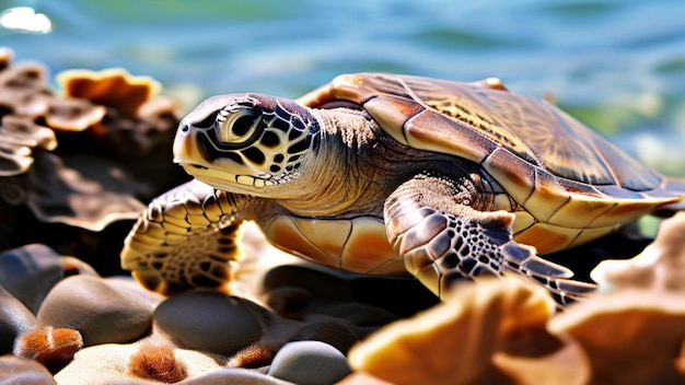 a turtle is laying on some rocks and looking at the camera