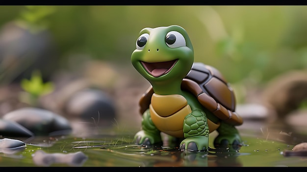 a turtle is on a puddle of water with a smile on its face