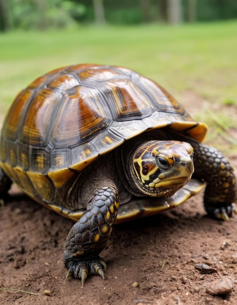 a turtle is sitting on the ground and looking at the camera