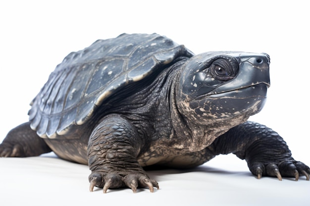 a turtle is sitting on a white surface