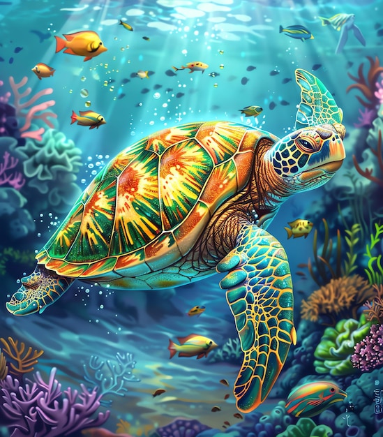 a turtle is swimming in a tank with fish swimming around