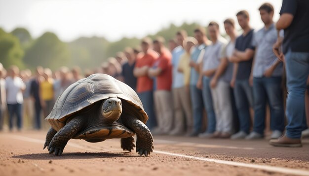 Photo a turtle is walking on a dirt road with people in the background