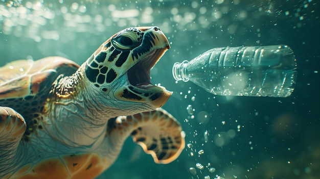 Photo a turtle is in the water and the bottle is being fed