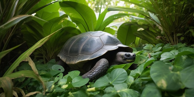 A turtle in the jungle with a large tortoise on its face.