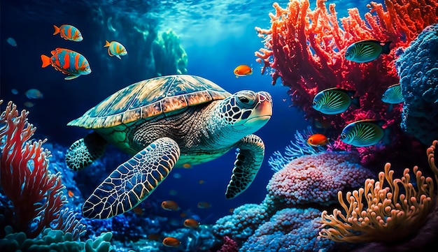 turtle life in the coral reef animals of the underwater sea world Generative AI