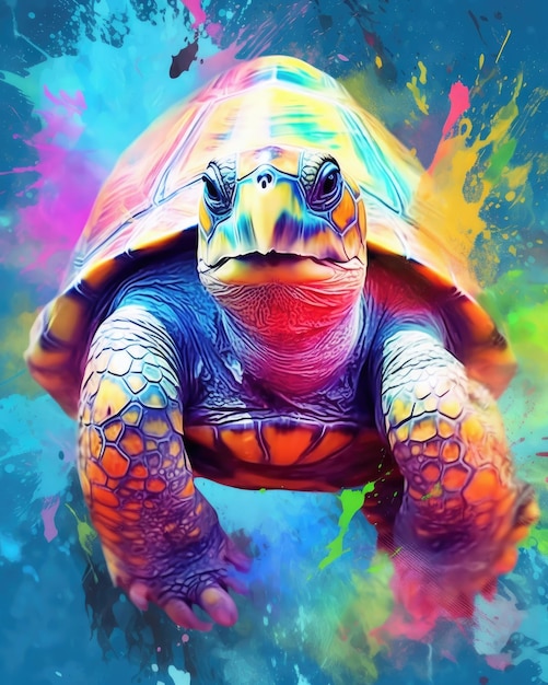 'Turtle painted with colorful paint splashes using painting technique' Illustration Generative AI