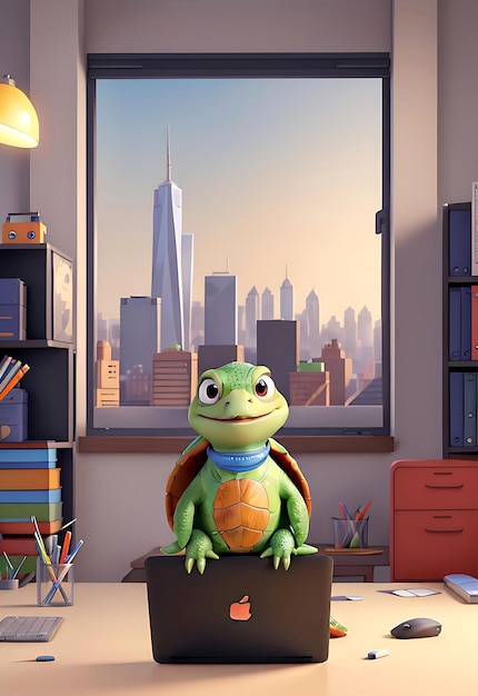 A turtle perched on a laptop in a modern office room with a view of the city skyline