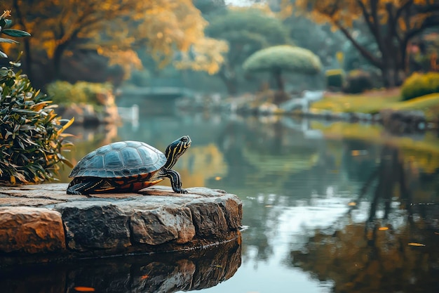 Photo turtle perched on rock by calm water in a lush garden