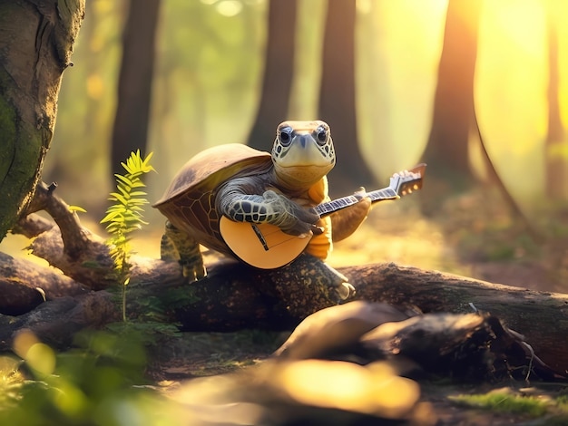 turtle playing the guitar in the forest