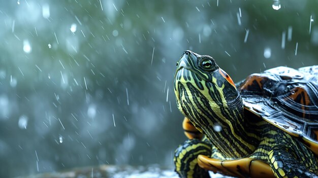 A turtle in the rain drops of water glistening on its shell with a focused gaze upward