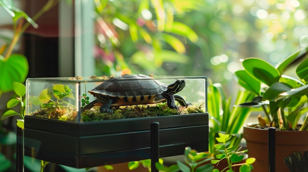 Photo a turtle relaxes on a contemporary basking platform surrounded by lush greenery enjoying the warm sunlight in a bright indoor environment