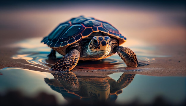 A turtle on the sand in the sun