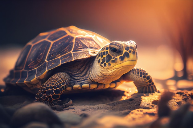 A turtle on the sand in the sun