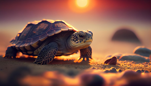 A turtle on the sand with the sun setting behind it