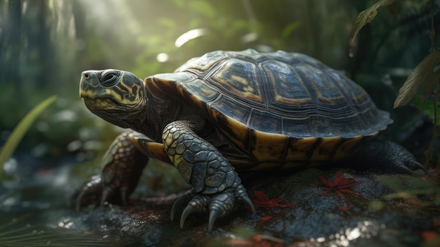 A turtle sits on a rock in the jungle.