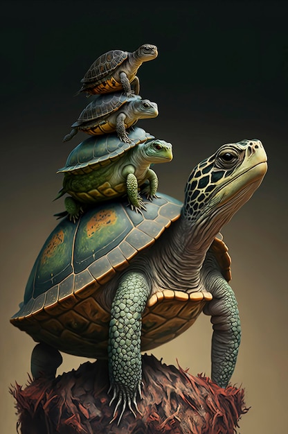 A turtle sitting on top of a turtle on top of another turtle