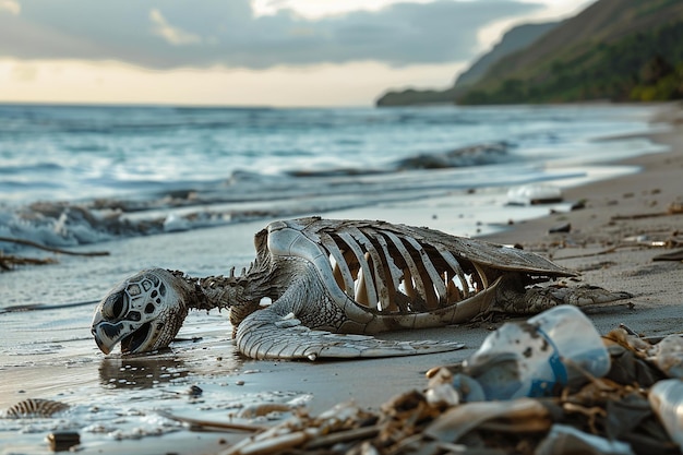 a turtle skeleton on the dirty beach