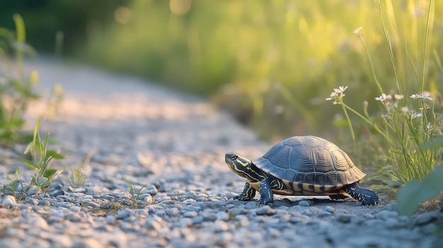 Photo a turtle slowly making its way across a gravel path with blades of grass and small flowers adding color to the scene