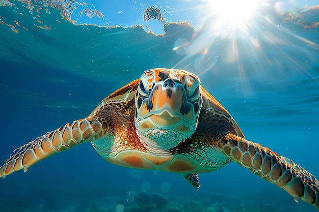 Turtle swimming in the blue sea the sun shining on top of it underwater photography