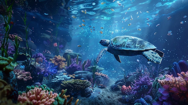 a turtle swimming under a coral reef with a turtle swimming in the background