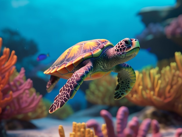 A turtle swimming in a coral reef