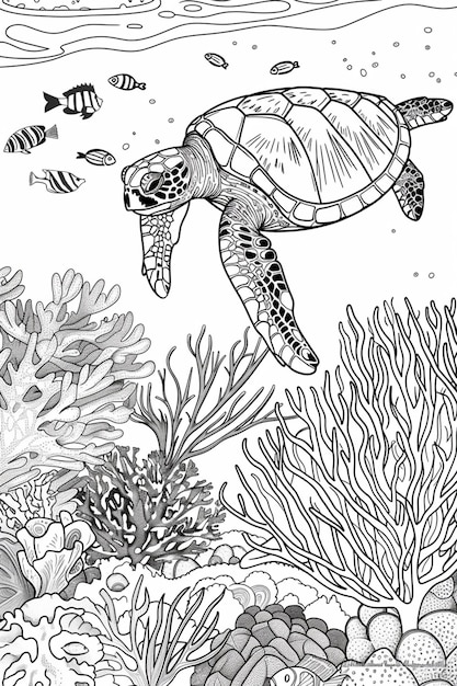 a turtle swimming in the ocean surrounded by corals and fish generative ai