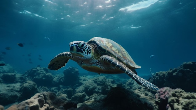 A turtle swimming in the ocean with a fish in the background.