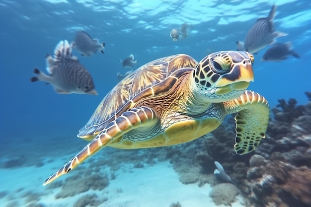 a turtle swimming in the ocean with a lot of fish