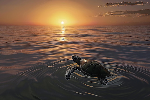 a turtle swimming in the ocean with the sun behind him