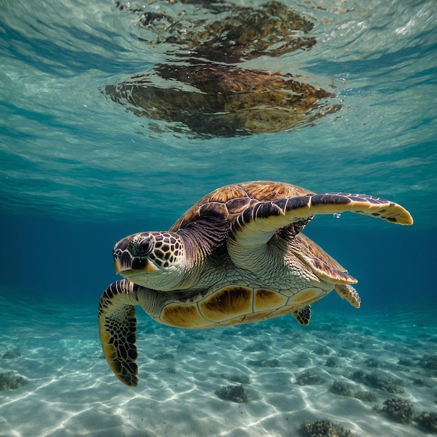 a turtle swimming in the ocean with a turtle in the water