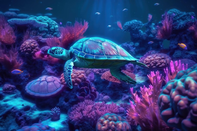 A turtle swimming in a sea of coral