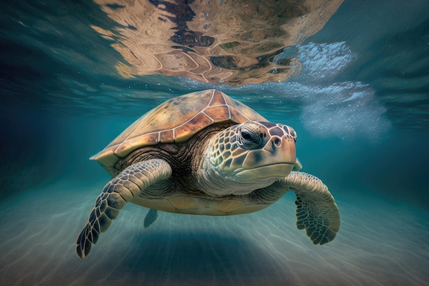 Turtle swimming underwater with its head and shell above the water created with generative ai