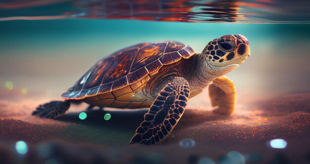 A turtle swimming under water with the sun shining on it