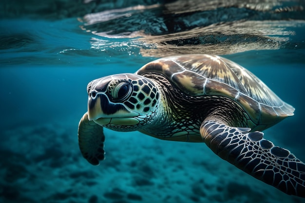 A turtle swimming under the water with the sun shining on its face