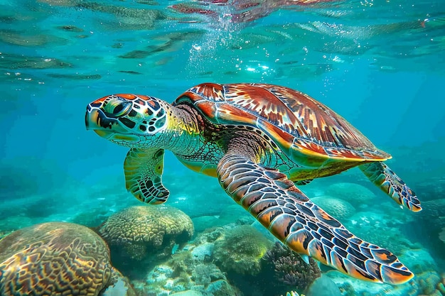 a turtle swimming in the water with a turtle in the background