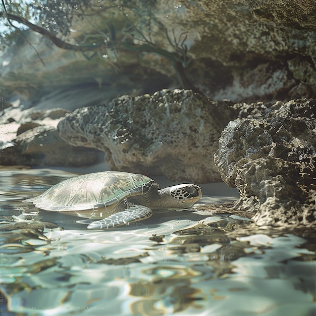 Photo a turtle swimming in the water with a turtle in the background