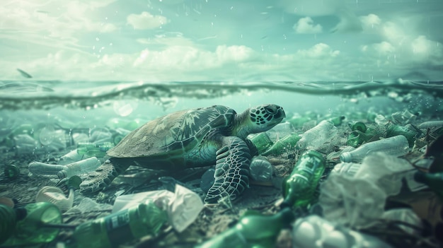 A turtle swims amid plastic pollution in ocean waters