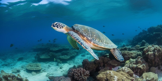 A turtle swims over a coral reef.