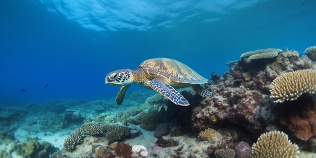 A turtle swims over a coral reef.