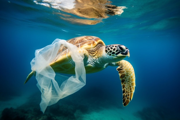 A turtle swims in the ocean with a plastic bag.