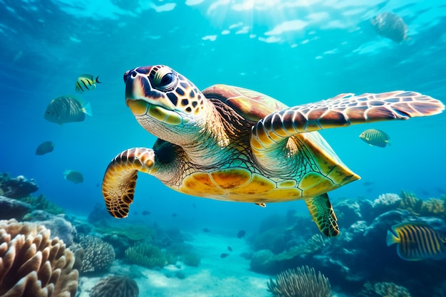 A turtle swims in the sea AI Generated