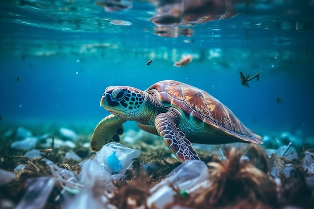 A turtle swims in a sea of garbage.